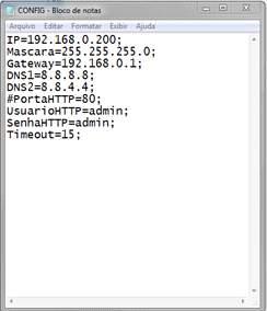 config.txt padrão config.txt alterado conforme a rede Neste caso, foi designado o IP 10.90.90.200. A máscara e gateway devem ser os mesmos da sua rede.