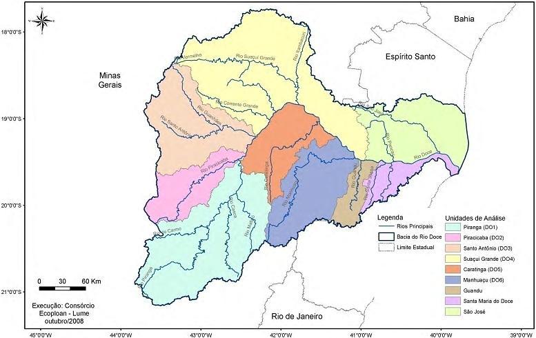 Figura 13 Mapa das UPGRHs da bacia do rio Doce.
