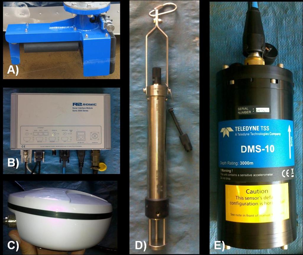 Figura 27 - Principais equipamentos utilizados na segunda batimetria: A) ecobatímetro multifeixe, B) sonar interface module, C) GPS, D) digibar e E) motion sensor. 3.2.6. Pacote HYPACK (Hypack, Inc.