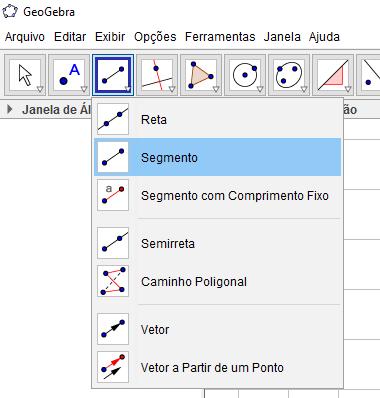 - Calcular distância entre dois pontos; Iniciamos inserindo dois pontos no plano, e de preferência criar um segmento entre estes pontos, para isso usa-se o comando SEGMENTO da terceira caixa e