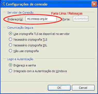 6) Na guia Configuração de Conexão, deveremos informar mi.creasp.org.