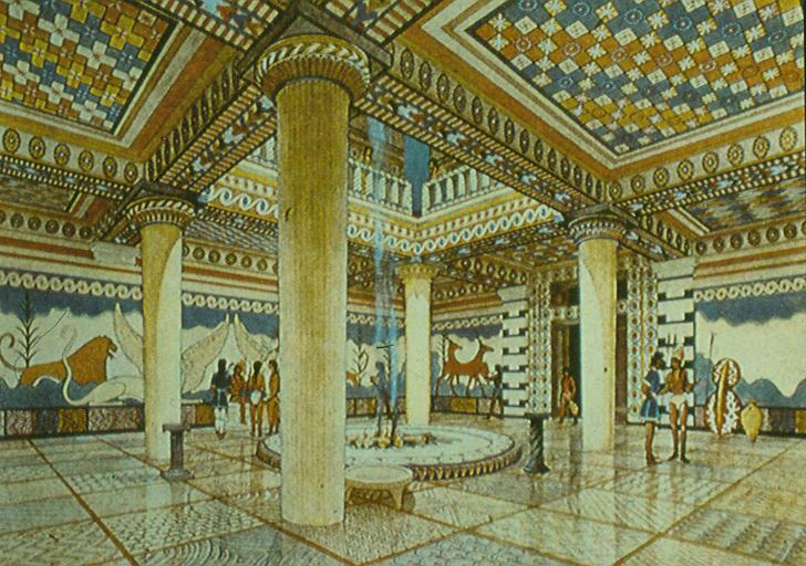 Arquitectura - mégaron Pilos. Reconstituição da sala do trono do palácio micénico de Pilos, da autoria de Piet de Jong.