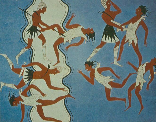 Pintura - frescos Pilos: 22 H 64 - restored Cena de batalha. Duomaguia e multidão de mortos (c. 1200 a. C.).