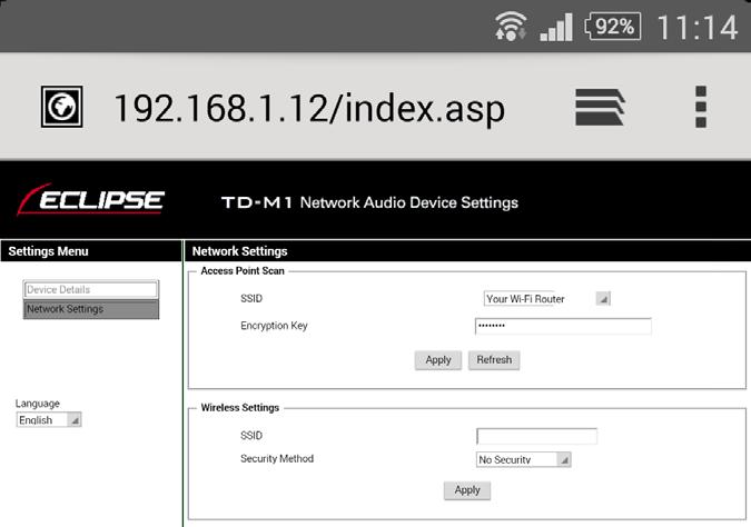 (Página 14 A tocar ) 4 A partir de Access Point Scan, seleccione a SSID para o seu router e depois introduza a palavra-passe. De seguida, clique em [Apply].