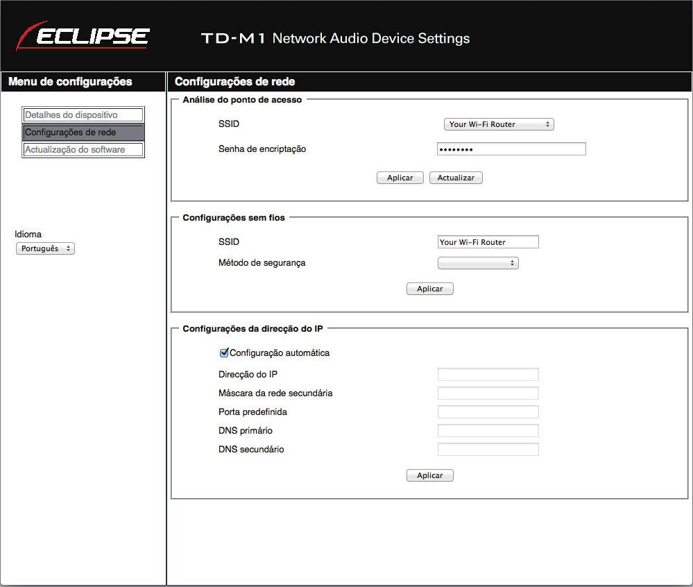 Abrir o ecrã de configurações do dispositivo áudio em rede TD-M1 Ecrã de Configurações de Rede 1 2 3 Nº Item Detalhes 1 Análise do ponto de acesso Os pontos de acesso disponíveis são automaticamente