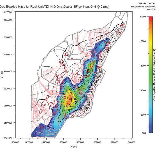 Figura 72 - Mapa integrado da Formação Sergi mostrando curvas de contorno (linhas em preto), volume de gás expelido ( gradiente de cores no mapa