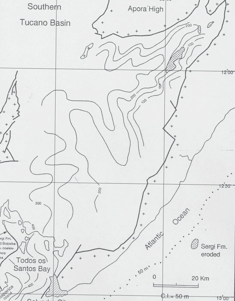 80 Figura 26 Mapa de isópaca da Formação Sergi usada como dado de entrada para o modelo geométrico (adaptado de SILVA, 1993) Embora as simplificações muitas vezes induzam a erros, a tentiva de honrar