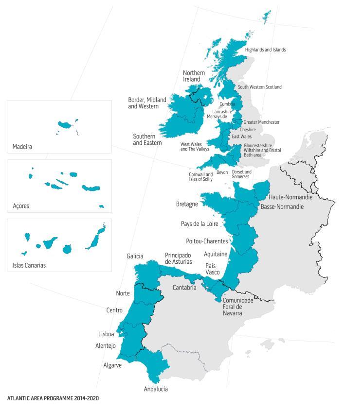 Quais são as áreas elegíveis? O INTERREG Espaço Atlântico cobre a parte ocidental da Europa que faz fronteira com o Oceano Atlântico.