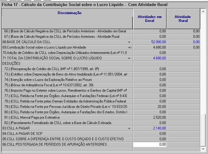 DCTF Mensal: CSLL - Ajuste Anual (Ficha 17):