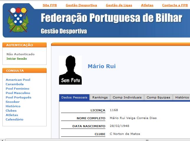 Presidente do Conselho de Arbitragem Mário Rui Veiga Correia Dias É também Praticante Federado na FP de Bilhar Em