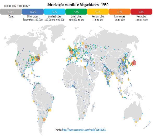 A revista britânica The Economist publicou um mapa interativo com a evolução da urbanização mundial e das cidades globais no mundo entre 1950 e 2030.