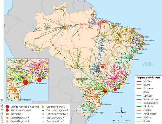 meios de telecomunicação e vias de transporte; Hierarquia urbana Capital federal Brasília Metrópole nacional São Paulo (global) e Rio de Janeiro