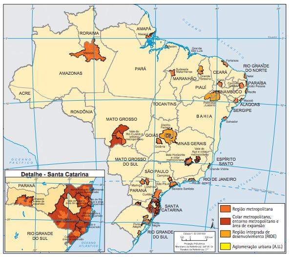 Atualmente, o Brasil possui 72 Regiões Metropolitanas, estando distribuídas da seguinte forma: Sul: 21 Regiões Metropolitanas. Nordeste: 27 Regiões Metropolitanas (+ 2 RIDE s).