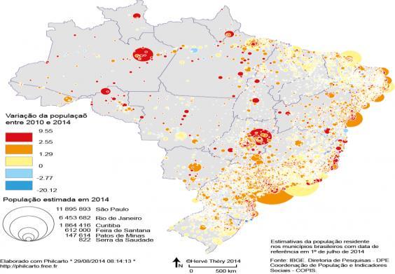 Variação da população brasileira (2010-2014) Os 25 municípios mais populosos Variação da população brasileira (2010-2014) Com círculos proporcionais à população dos municípios em 2014 e uma cor que