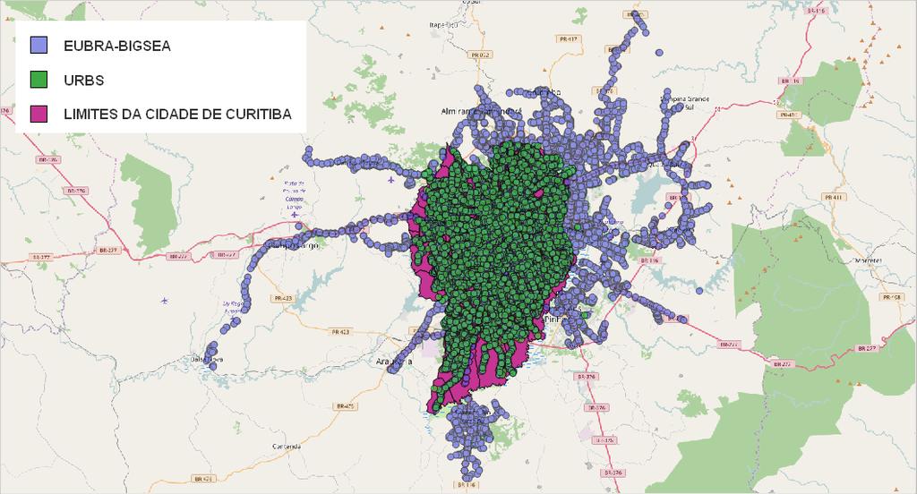 Figura 4. Distribuição dos pontos de ônibus. 3. Desafios Encontrados O projeto EUBra-BIGSEA trabalha com dados provenientes de duas fontes ligadas à Prefeitura da Cidade de Curitiba.
