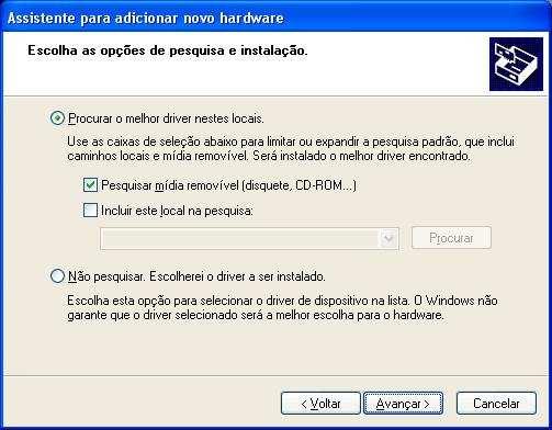 O assistente de instalação de um novo hardware será apresentado, perguntando se o driver deve ser instalado a partir do site Windows Update. Selecione a opção Não, não agora e selecione Avançar. 4.