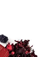 frutos e flores. Elaborado com extrato de hibisco, desidratado de cranberry e frutas vermelhas.