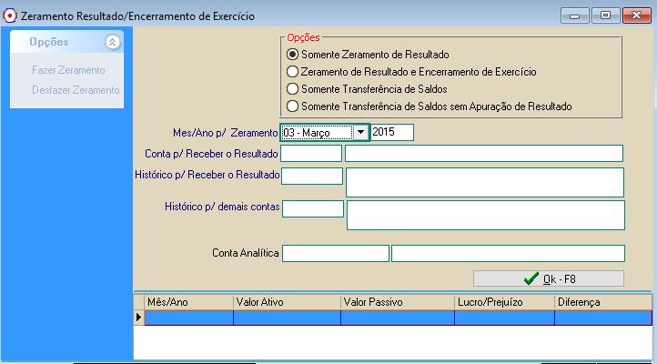 Contábil > Movimento > Zeramento das Contas de Resultado/Encerramento do Exercício 8.