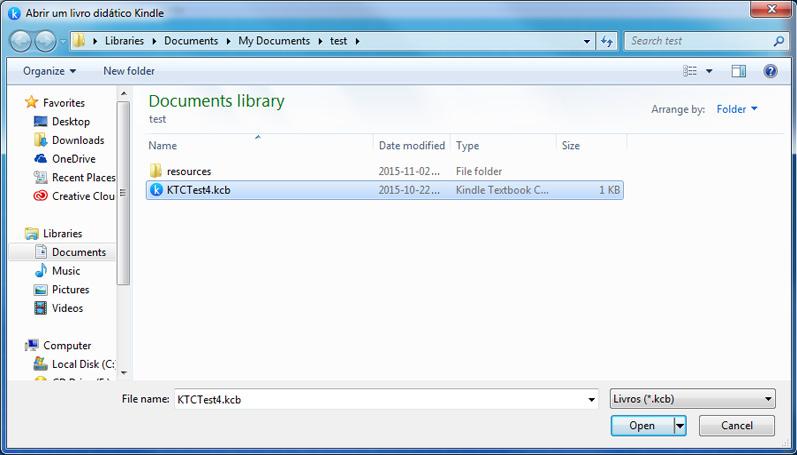 Figura 14: caixa de diálogo Abrir um livro didático Kindle 2.