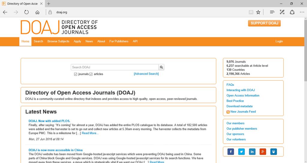 747 Figura 3 Site oficial do Directory of Open Access Journals (DOAJ) Fonte: DOAJ, 2016 O objetivo central desta ferramenta é aumentar a visibilidade e facilidade de uso das publicações acadêmicas,