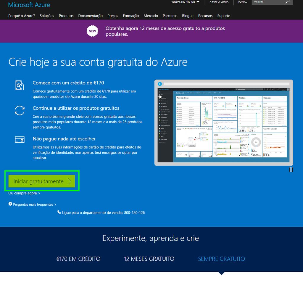 Criar uma conta no Microsoft Azure A criação desta conta é imprescindível para que possa configurar o seu serviço de tradução.