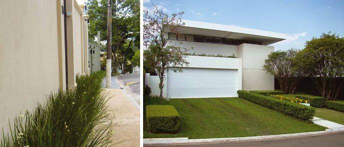 Nesta fachada, Paula Galbi planejou um paisagismo que se integra à arquitetura da residência.