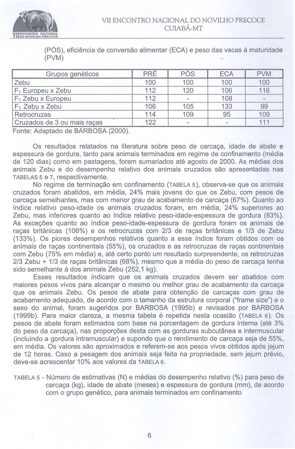 (PÓS), eficiência de conversão alimentar (ECA) e peso das vacas à maturidade (PVM) Grupos genéticos PRE POS ECA PVM Zebu 100 100 100 100 F1 Europeu x Zebu 112 120 106 116 F1 Zebu x Europeu 112-108 -