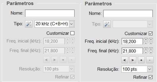 Ação 04 Otimize a faixa de frequência: Marque o checkbox Customizar para liberar o acesso à configuração manual dos parâmetros da medição, configure as frequências para