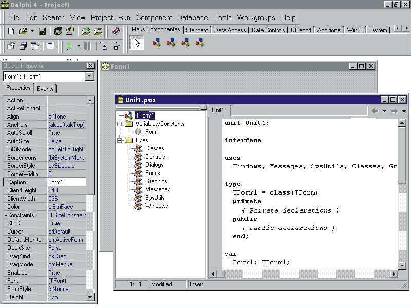 27 FIGURA 4 - Delphi executado sob Windows 95 Botões de controle de velocidade Categorias da paleta Barra de menus Guias