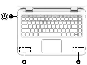 Botões e altifalantes Componente Descrição (1) botão de energia Quando o computador está desligado, prima o botão para o ligar. (2) Altifalantes (2) Produzem som.