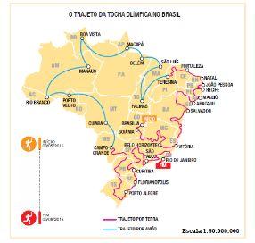 5. (UERJ) Observe o mapa a seguir: No mapa, o trajeto total da tocha olímpica em território brasileiro mede cerca de 72 cm, considerando os trechos por via aérea
