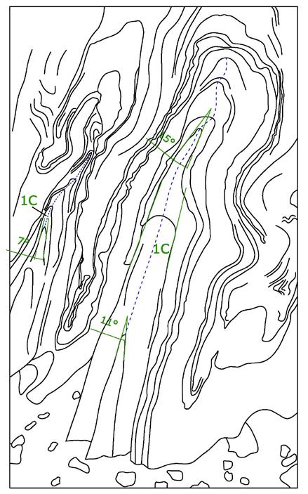 Classificação de formas dobradas, parte VI. A. Dobras isoclinais em rochas carbonáticas (cinza escuro) e cálcio-silicáticas (cinza claro); B.