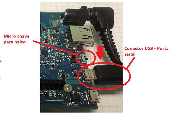 LED alimentação Posicione a micro chave para o lado dos conectores mini USB e conecte um cabo USB, na porta
