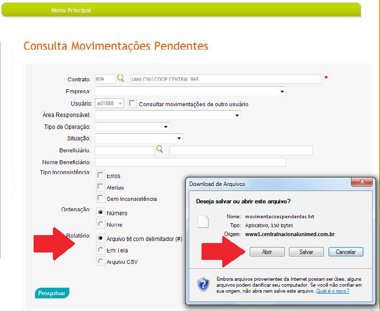 Movimentações Pendentes, temos as funcionalidades de extração