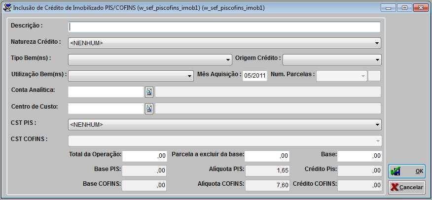 PASSO 3: Na tela que será aberta, poderá efetuar as configurações dos créditos que deve tomar, seja por valor de aquisição ou depreciação/amortização (o que define é a