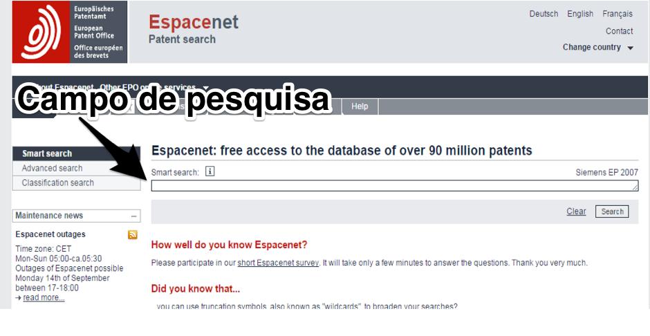 Passo a passo para realizar buscas no Espacenet: 1 - Acesse http://ep.espacenet.