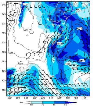 do Prata. Este último sistema gerou um forte gradiente de pressão, contribuindo para a intensificação da advecção fria e úmida sobre a faixa leste do Uruguai, RS e SC.