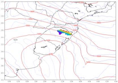 (c) Figura 7: Espessura 1000/500 hpa (linha vermelha), temperatura em 850 hpa (linha azul) e condição para neve (sombreado) para previsão de 48h, 72h e (c) 96h da 00Z do dia 27/02/2012.