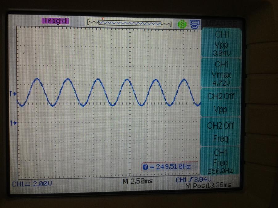 Mantendo um canal do osciloscópio no canal C0, conectamos outro canal na saída (ponto A) e observamos o sinal abaixo: Mantendo o sinal