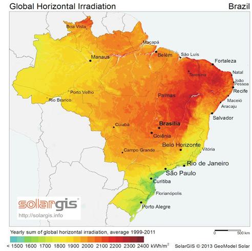 1.4.1 RADIAÇÃO SOLAR NO BRASIL A média da radiação solar no Brasil é relativamente alta se comparada com os países pioneiros no uso da tecnologia FV, em todo território brasileiro a radiação solar é