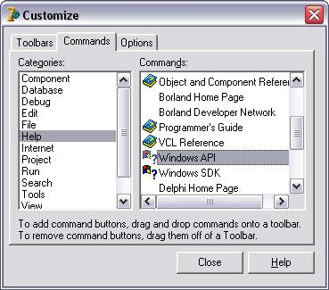 INCLUIR UM ÍCONE DE AJUDA DA API DO WINDOWS: Clique de direita (botão direito do mouse) na região superior da barra de comandos: Escolha a opção Customize.