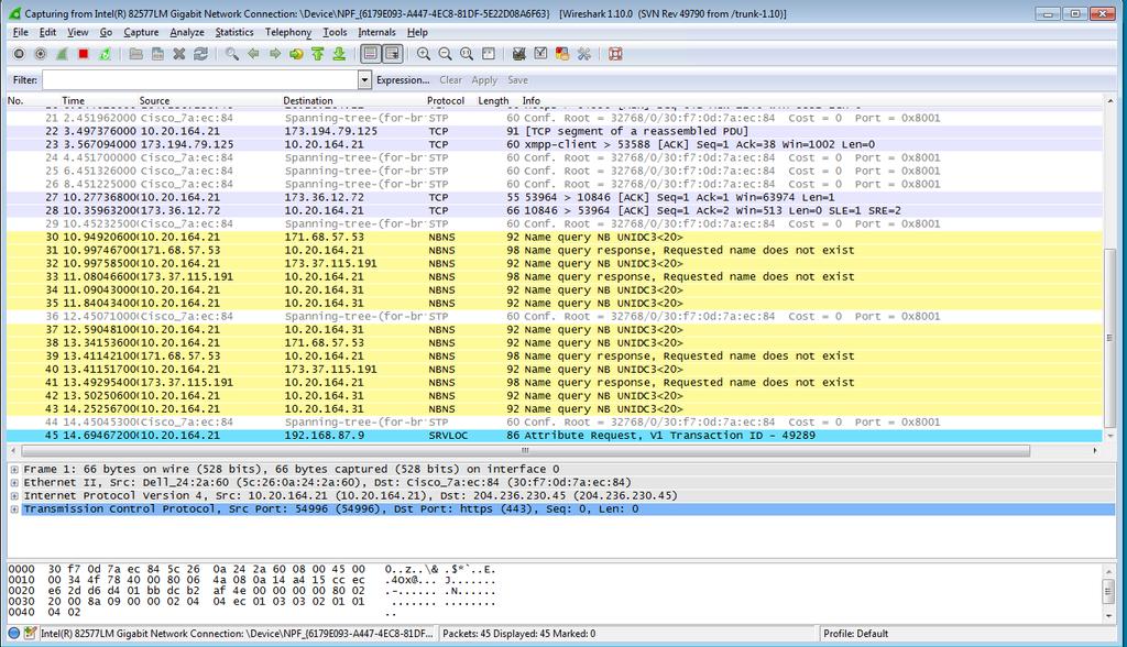 As informações começarão a rolar abaixo da seção superior no Wireshark. As linhas de dados serão ex