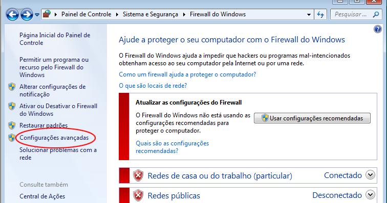 c. No painel esquerdo da janela de firewall do Windows, clique em Configurações avançadas.