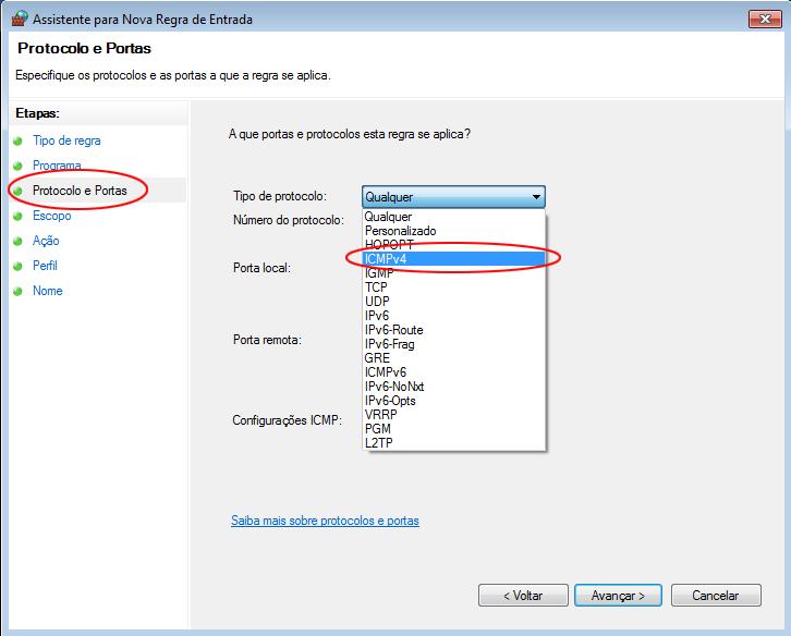 No painel esquerdo, clique na opção Protocolo e Portas e, usando o menu suspenso Tipo de protocolo,