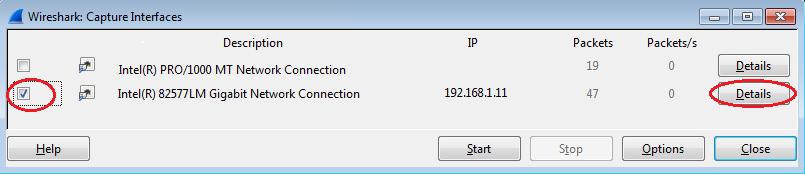 c. No Wireshark: na janela Capture Interfaces (interfaces de captura), clique na caixa de seleção ao lado da interface conectada à LAN.