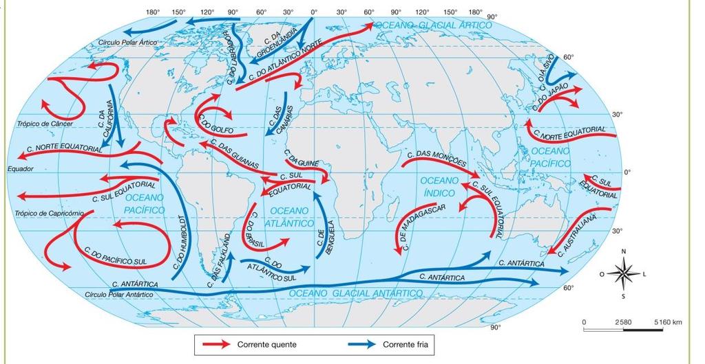 Allmaps O movimento das águas oceânicas Correntes marítimas: porções de água que se movimentam nos mares e oceanos, de acordo com o vento e o movimento de rotação da Terra.