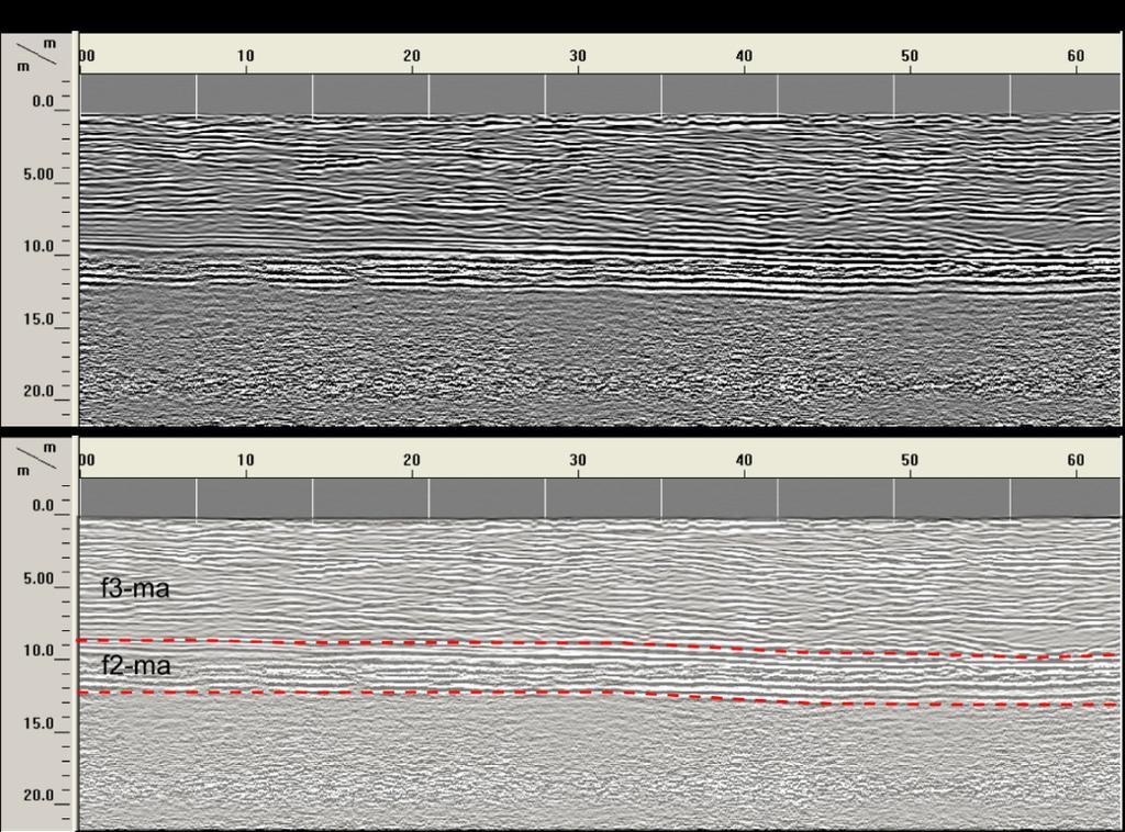 26 O Registro em Subsuperfície da Barreira Pleistocênica entre Osório e Tramandaí - RS Figura 4. Radargrama de 200 MHz, obtido na mineradora 1.