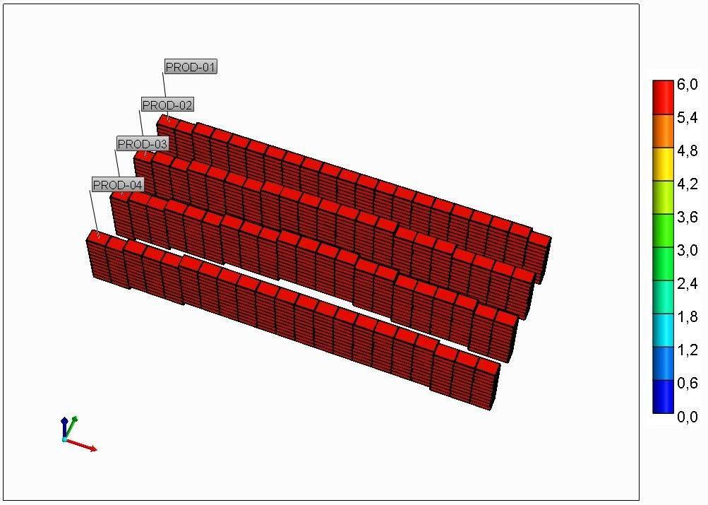 54 3.5.4 Modelo com poços horizontais e fraturas verticais ao longo do poço O quarto modelo é composto também pelos 4 poços horizontais descritos anteriormente.