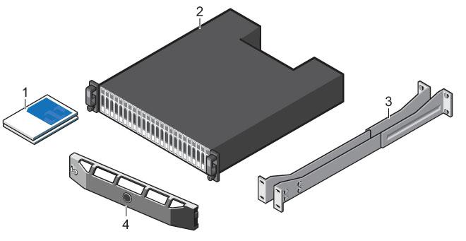 Figura 1. Componentes do Gabinete de expansão do SC100/SC120 1. Documentação 2. Gabinete de expansão 3. Trilhos do rack 4.