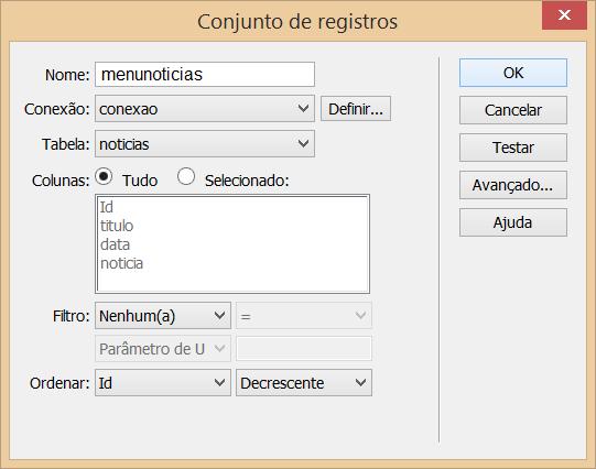 Criaremos o Recordset, pelo guia Bidings ( ligações ) e o configure